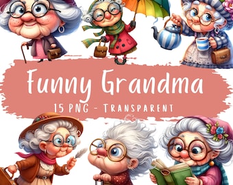 Funny Grandma Clipart Bundle 15 PNG High Quality Watercolor Cute Quirky Old Lady Digital Download Funny Senior Woman Printable Stickers