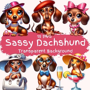 Pacchetto di clipart Sassy Dachshund 15 PNG di alta qualità, adorabile cane bassotto, arte digitale, regalo per la mamma di bassotti, grafica, stampabili, cucciolo di salsiccia elegante