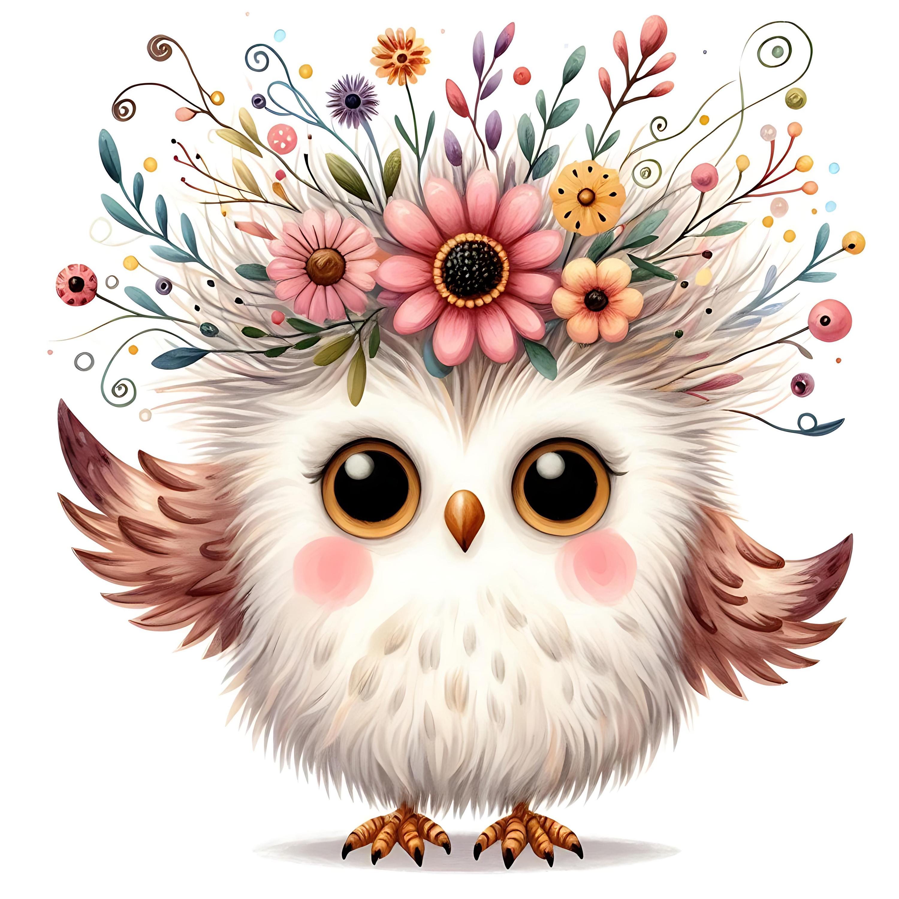 15 JPG Quirky Flower Owl Clipart Bundle Watercolor Quirky Owl Digital Download Cute Boho Owl Woodlan