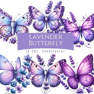 Lavendelfjäril Clipart Bundle 18 PNG Söt lila akvarell blommig fjäril Högkvalitativ digital nedladdning utskrivbara filer Korttillverkning