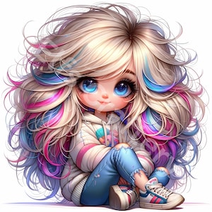 May include: A digital illustration of a cartoon character with large blue eyes and long, wavy blonde hair with streaks of pink, blue, and purple. The character wears a white hoodie with pink stripes, blue jeans, and sneakers. The character is sitting down.