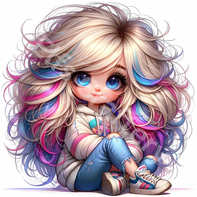 May include: A digital illustration of a cartoon character with large blue eyes and long, wavy blonde hair with streaks of pink, blue, and purple. The character wears a white hoodie with pink stripes, blue jeans, and sneakers. The character is sitting down.