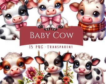 May include: A selection of charming baby cow illustrations. The cows feature large eyes, bows, and floral decorations. The text "BABY COW" is on a maroon banner, with "15 PNG - TRANSPARENT" underneath.