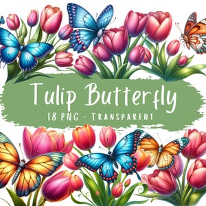 Tulp vlinder clipart bundel 18 PNG hoge kwaliteit aquarel tulp digitale download afdrukbare kunst digitale crafting kaarten maken plakboek