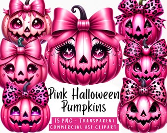 ピンクのハロウィンかぼちゃクリップアートバンドル15 PNG水彩不気味な