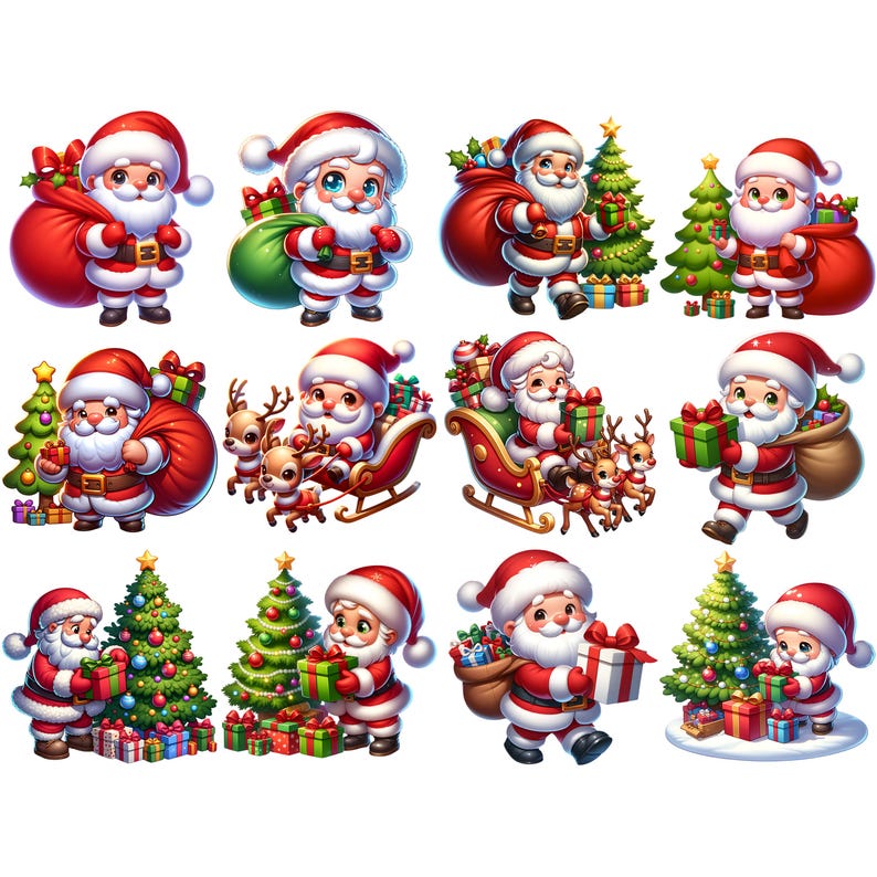 May include: A collection of cartoon Santa Claus illustrations. Each Santa is depicted in a red suit and hat, carrying gifts, a sack of presents, or standing near a Christmas tree. The illustrations have a festive, cheerful vibe.