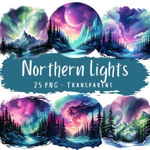 Paquete de imágenes prediseñadas de auroras boreales, 25 imágenes PNG, auroras boreales abstractas, escenas terrestres, descarga digital, pegatinas gráficas imprimibles, cielo de auroras boreales