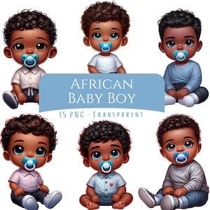 Pode incluir: Ilustração digital de seis bebês africanos de desenho animado com pele escura, cabelo encaracolado e chupetas azuis. Eles estão vestindo várias roupas, incluindo camisas e calças. A imagem inclui o texto "AFRICAN BABY BOY" e "15 PNG - TRANSPARENT".