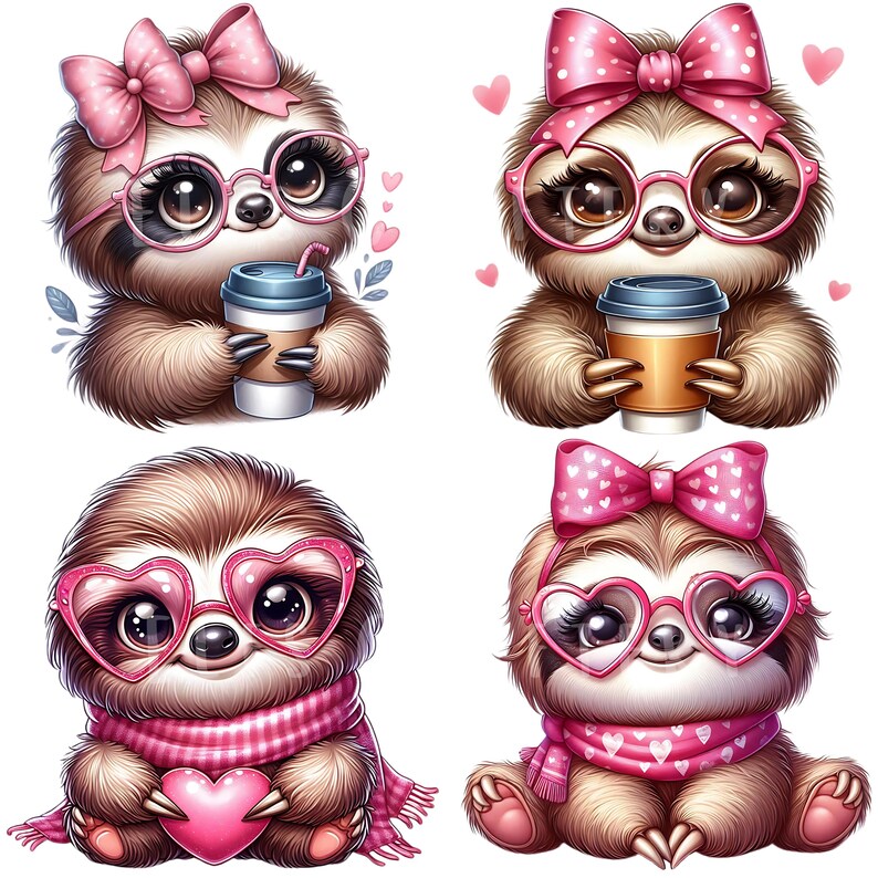 Cute Sloth Girl Clipart Bundle 12 PNG High Quality Watercolor Coquette Bow Coffee Girly Sloth Printable Stickers Digital Crafting Downloads image 6