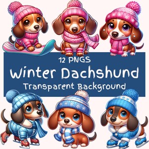 Winter Dackel Clipart Bundle 12 PNG Dackel digitale Kunst Dateien niedlichen Wurst Hund Skating Snowboarding Winter Hunde Scrapbooking