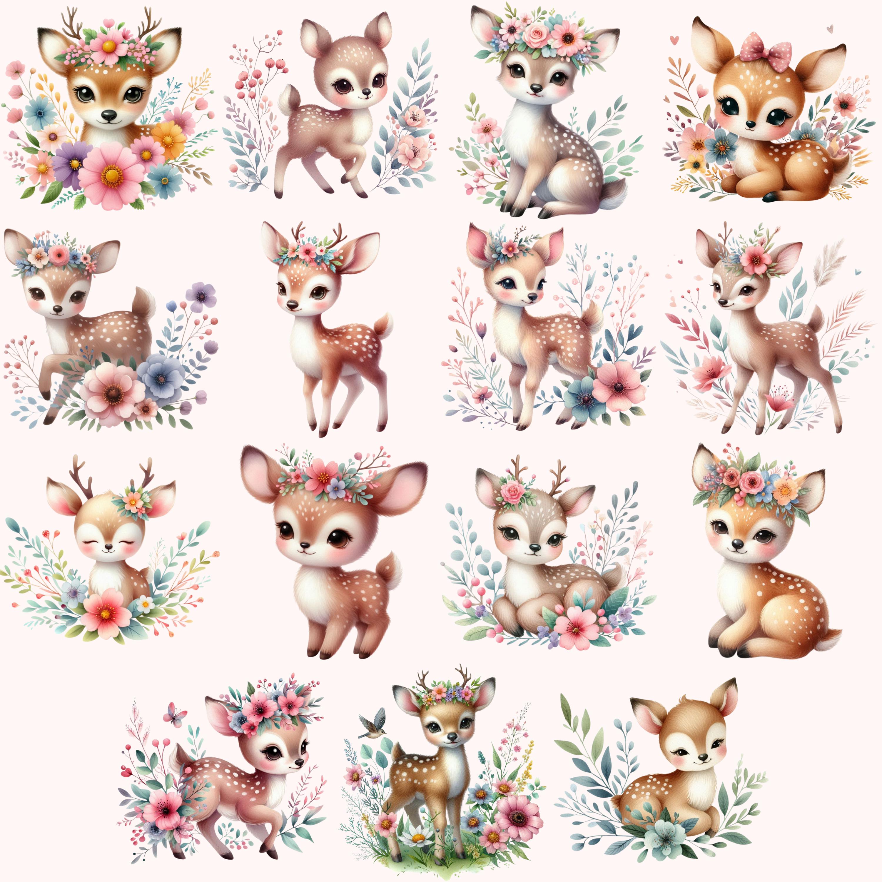 Wildflower Dear Clipart Bundle 15 PNG High Quality Cute Watercolor ...