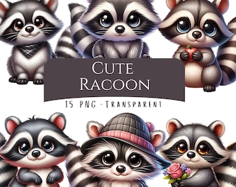 Pacote de clipart de guaxinim fofo 15 PNG aquarela de alta qualidade animal bebê da floresta guaxinim download digital animais marinhos fofos para impressão infantil fofos
