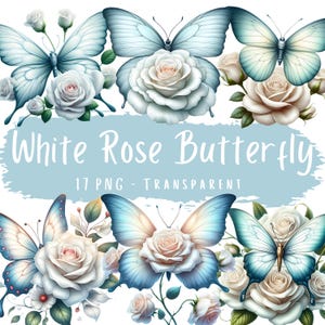 Weiße Rose Schmetterling Clipart Bundle 17 PNG hochwertige Aquarell weiße Rosen Hochzeitskarten druckbare Aufkleber digitale Handwerk PNGs machen