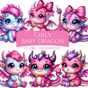 Pacote de clipart de dragão bebê feminino 12 PNG de alta qualidade aquarela desenho animado menina rosa dragão fofo download digital arte artesanato impressões digitais