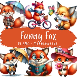 Ensemble de 15 cliparts renard drôle PNG haute qualité aquarelle mignon renard des bois décalé en téléchargement numérique fichiers de scrapbooking imprimables animaux drôles
