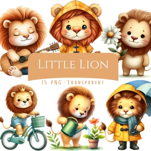 Little Lion Clipart Bundle 15 PNG High Quality Watercolor Cute Nursery Animals Digital Download Art Paper Crafs Cute Lion Printable Stickers