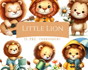 Little Lion Clipart Bundle 15 PNG High Quality Watercolor Cute Nursery Animals Digital Download Art Paper Crafs Cute Lion Printable Stickers