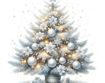May include: A digitally rendered Christmas tree with white and silver ornaments, poinsettias, and a star topper. The tree is illuminated with warm, golden lights and sits in a silver pot. Small gift boxes and scattered sparkles add to the festive scene.