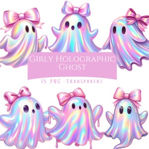 Op de afbeelding: Zes illustraties van holografische geesten met roze strikken. De geesten hebben een iriserende glans. Een roze banner toont de tekst "Girly Holographic Ghost" en "15 PNG - Transparent".