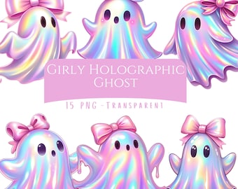 Girly holografische spook clipartbundel 15 png roze schattige iriserende spook digitale download roze coquette Halloween spook afdrukbare stickers