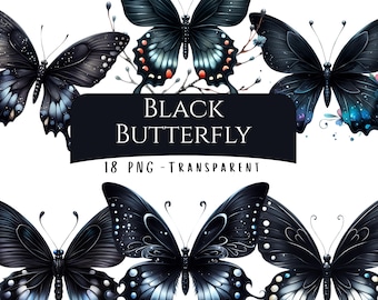 Black Butterfly Clipart Bundle 18 PNG High Quality Watercolor Cute Gothic Dark Butterfly Digital Download Files Printable Sticker Images