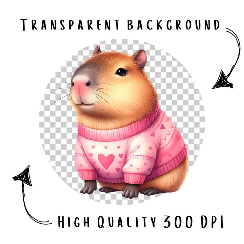 Puede incluir: Ilustraci&oacute;n digital de un carpincho con un su&eacute;ter rosa con dise&ntilde;os de corazones. El carpincho tiene pelaje marr&oacute;n, una nariz rosada y est&aacute; sobre un fondo transparente. El texto en la parte superior dice "TRANSPARENT BACKGROUND" y en la inferior "HIGH QUALITY 300 DPI".