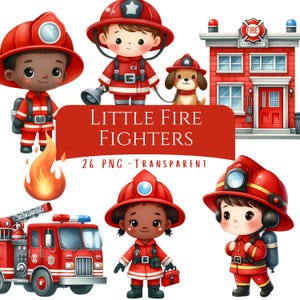 May include: A set of cartoon illustrations depicting little firefighters, a fire engine, a fire station, and a dog. The illustrations are in red, white, and black. The text "LITTLE FIRE FIGHTERS" is displayed on a red banner.