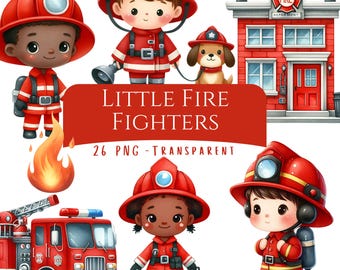 Little Firefighters Clipart Bundle 26 PNG High Quality Watercolor Firefighter Digital Download First Responder Sublimation Design Poster PNG