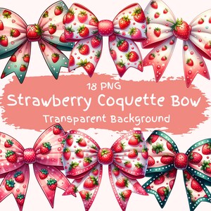 Paquete de imágenes prediseñadas de lazo de fresa con 18 lazos de fruta rosa lindos PNG, descarga digital, gráficos de arte, lazos de bayas de dibujos animados, archivos imprimibles, imágenes prediseñadas