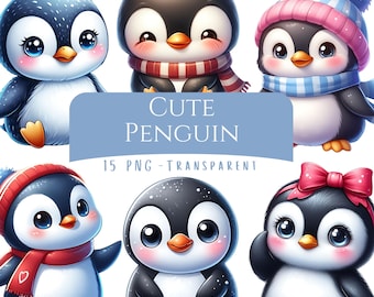 Cute Penguin Clipart Bundle 15 PNG Penguin Digital Clip Art Cute Artic Animals Png Winter Crafts Clipart for Kids Scapbook Commercial Use
