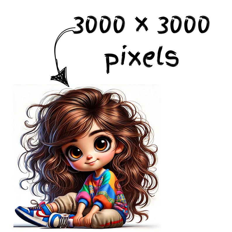May include: An illustration of a cartoon girl with large brown eyes and long, wavy brown hair. She wears a colorful long-sleeved shirt, tan pants, and blue sneakers. The image includes the text "3000 x 3000 pixels".
