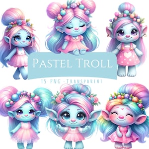 Pastel Troll Clipart Bundle 15 PNG High Quality Watercolor Cartoon Cute Girly Trolls Digital Download Printable Fantasy Pink Troll Girl Pngs
