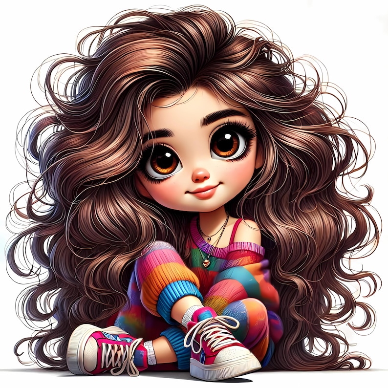 May include: A cartoon illustration of a girl with long, wavy brown hair and large brown eyes. She wears a rainbow-striped sweater and pants, paired with pink sneakers with white laces. The girl is sitting with her legs crossed.
