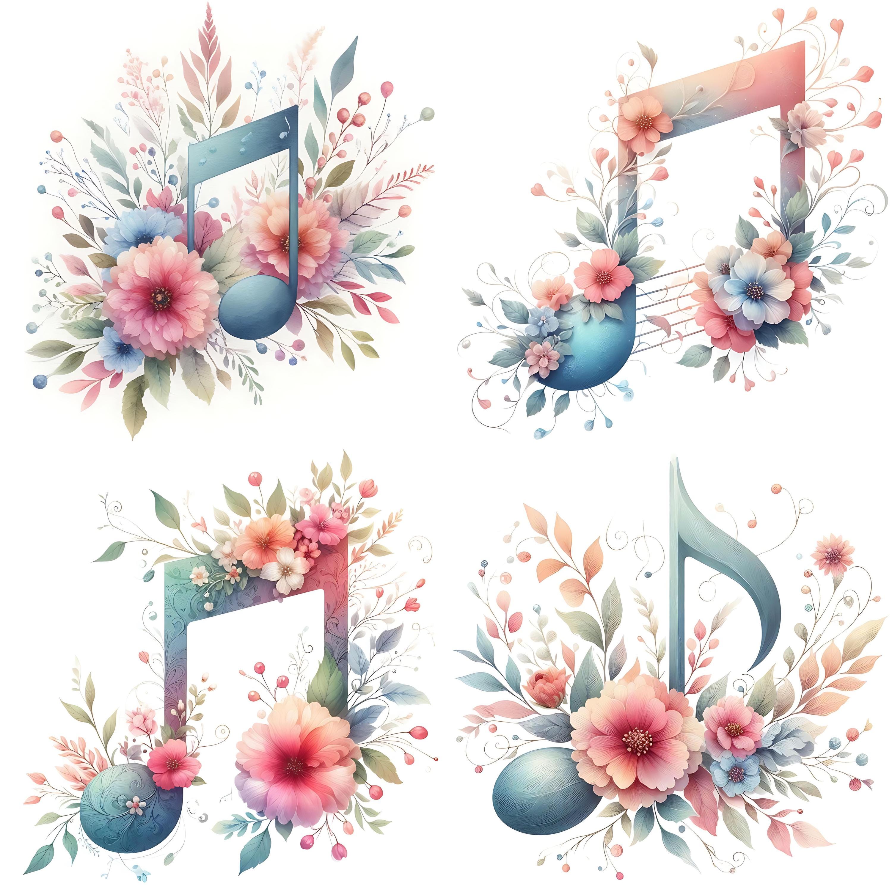 15 JPG Pastel Floral Music Notes Digital Art Bundle Beautiful