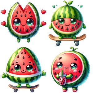 Watermelon Character Clipart Bundle 15 PNG High Quality Kawaii Watermelon Fruit Digital Art Watercolor Fruit Ilustrations Printable Graphics image 4