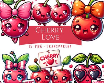 Cherry Love Clipart Bundle 15 PNG Cute Cherry Character Fruit Couple Valentines Day Cherry Digital Art Scrapbooking Sublimation Commercial