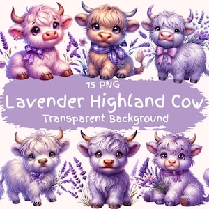 Lavendel Highland Kuh Clipart Bundle 15 PNG hochwertige Aquarell Cartoon Floral Highland Kuh digitaler Download druckbare Design Basteln