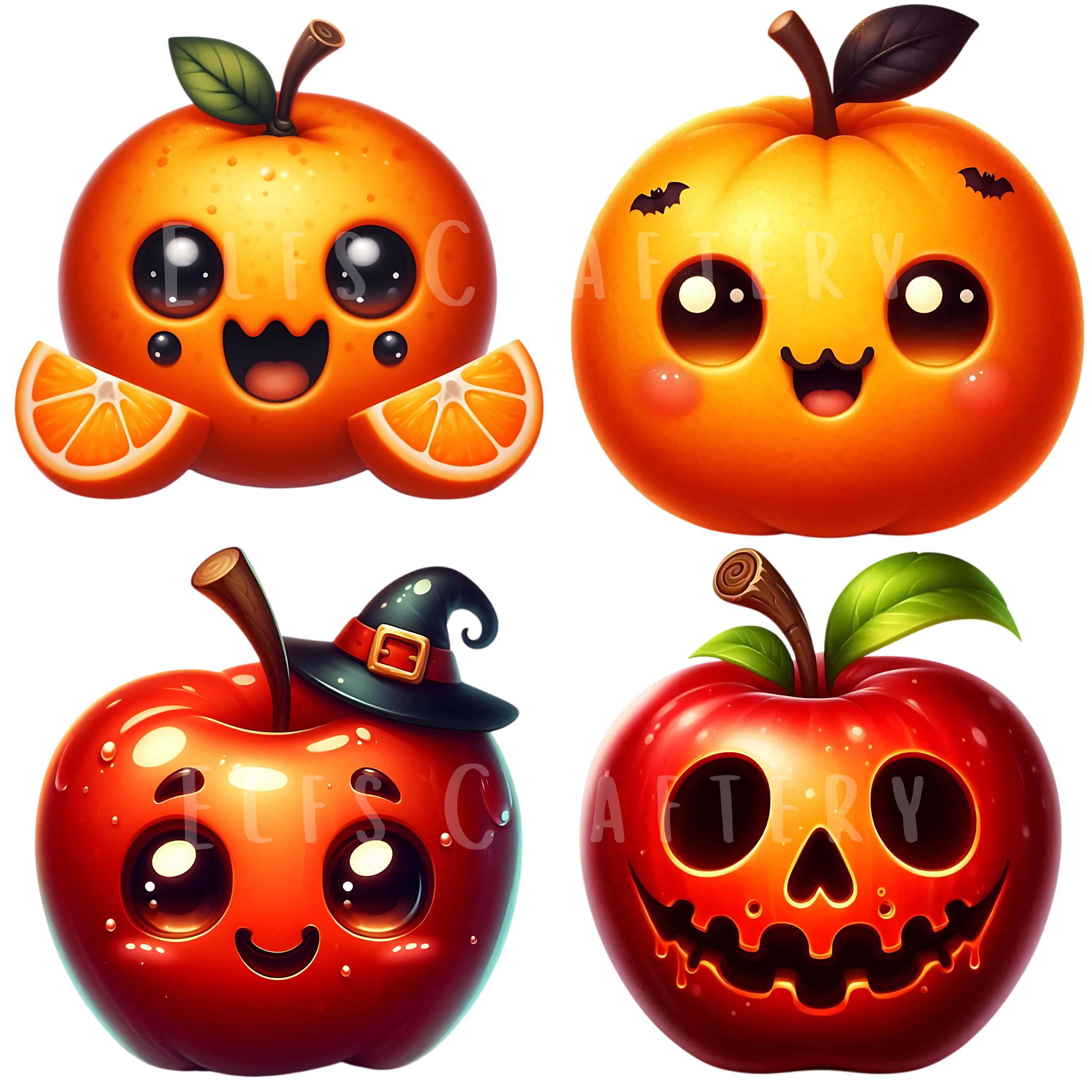 Spooky Fruits Clipart Bundle 24 PNG Cartoon Fruit Faces Happy Printable ...