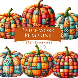 Patchwork Pumpor Clipart Bundle 14 PNG Högkvalitativ Söt Akvarell Höstpumpa Digital Nedladdning Utskrivbar Quiltad Pumpa Scrapbook Konst