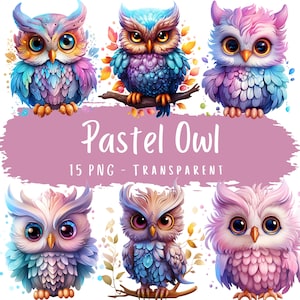 Paquete de 15 imágenes prediseñadas de búho pastel: descarga digital PNG, pegatinas imprimibles de búho rosa, álbumes de recortes, diseños de sublimación de búho del bosque