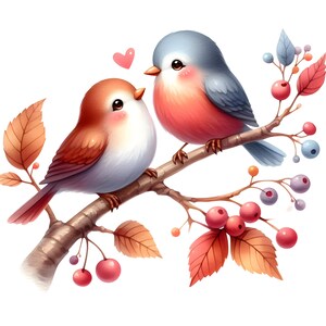 Puede incluir: Ilustración de dos pájaros en una rama. Uno es marrón y blanco, el otro azul y rojo. Un corazón rosa flota entre ellos. La rama tiene bayas rojas y hojas naranjas.