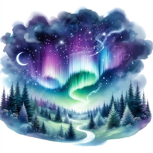 15 JPG Enchanted Aurora Sky Clipart Bundle Watercolor Northern Lights Digital Download North Pole Landscape Paper Crafts Printable Pages