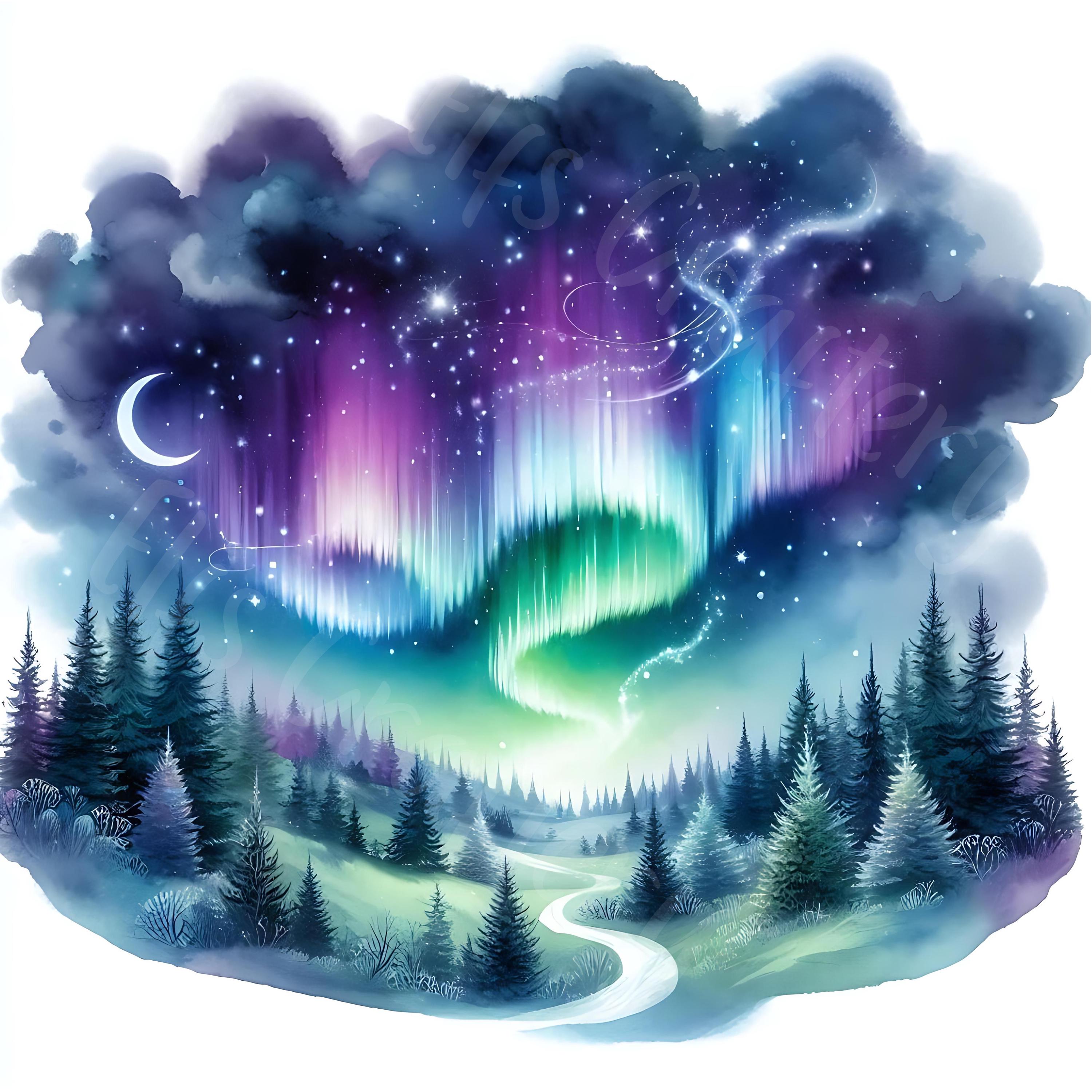 15 JPG Enchanted Aurora Sky Clipart Bundle Watercolor Northern