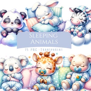 Sleeping Animals Clipart Bundle 15 PNG Cute Nursery Animal Print Digital Download Clip Art Baby Shower Printables Baby Animal Stickers