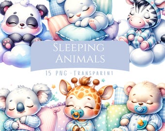 Paquete de 15 imágenes prediseñadas de animales durmiendo, lindas imágenes prediseñadas de animales para guardería, descarga digital, imprimibles para baby shower, pegatinas de animales para bebés.