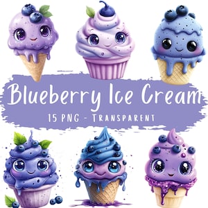 Bosbessenijs clipartbundel 15 png zomer clipartset ijsbes dessertpakket kawaii cartoon bessen voedsel karakter afdrukbaar