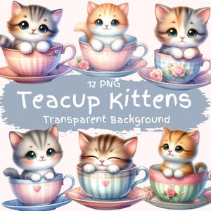 Tazza da tè Gattini Clipart Bundle 12 PNG Carino Acquerello Floreale Vintage Tazza da tè Arte digitale Stampabile Carino Bambino Gatto Carta Creazione Download digitale