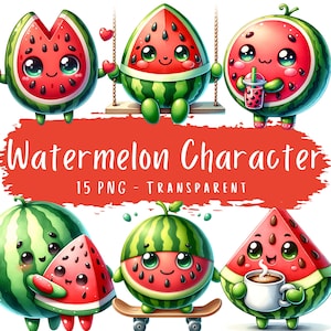 Wassermelone Charakter Clipart Bundle 15 PNG Hochwertige Kawaii Wassermelone Obst Digitale Kunst Aquarell Obst Ilustrationen druckbare Grafiken
