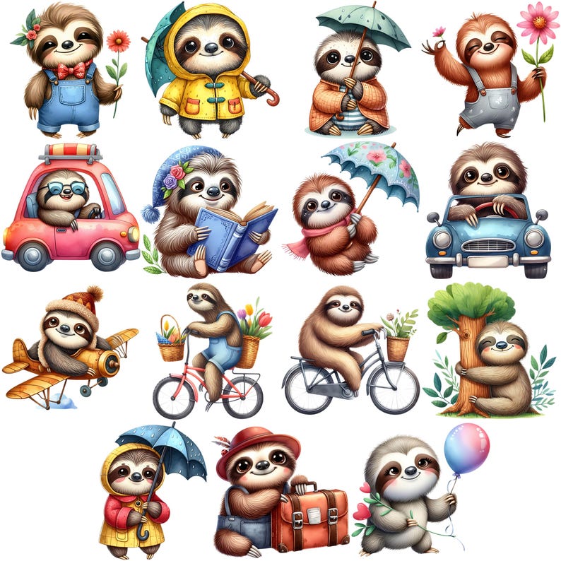 Fun Sloth Items Funny Sloth Clipart Bundle 15 PNG High Quality Watercolor Quirky Sloth ...