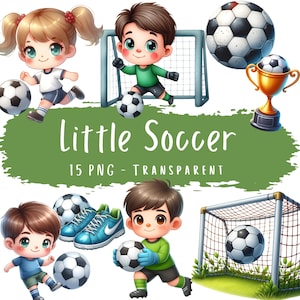 Pacchetto di clipart di Little Soccer 15 PNG di alta qualità con acquerello di gioco di calcio, pallone sportivo, download digitale, poster di design a sublimazione di calcio PNG